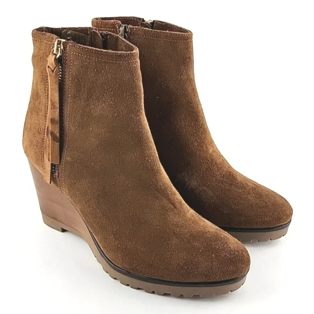 Fabianelli Tan Suede Lined Ankle Boots Almond Toe Stacked Wedge Sole Size 39 - Picture 3 of 16